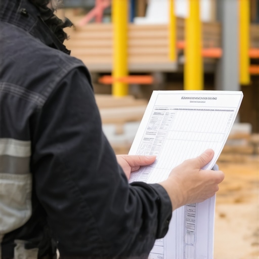 Contractor analyzing permit documents and blueprints at a construction site.