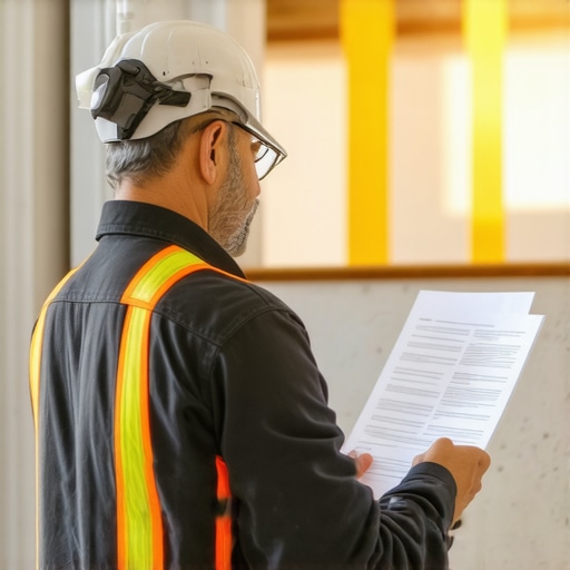 Drywall contractor analyzing permit plans on site.
