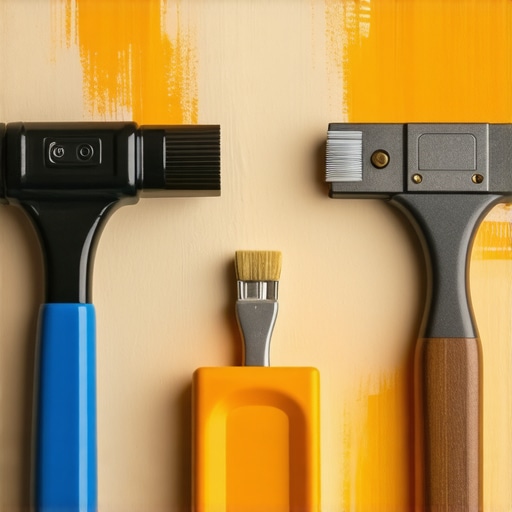 Close-up of drywall finishing tools and smooth wall surface