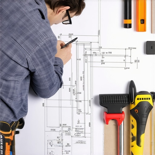 Person studying building codes and drywall techniques with tools and blueprints.