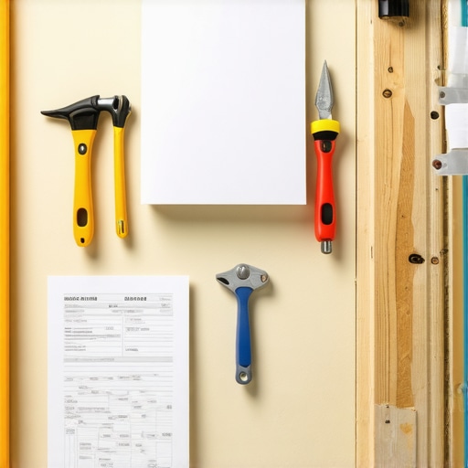 Construction site with drywall and permits Drywall installation in progress at a construction site with permit documents visible