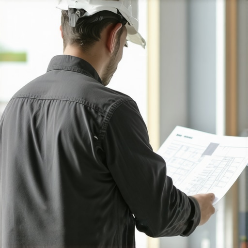 Drywall Permit Review in Progress Contractor examining drywall plans and permits on-site.