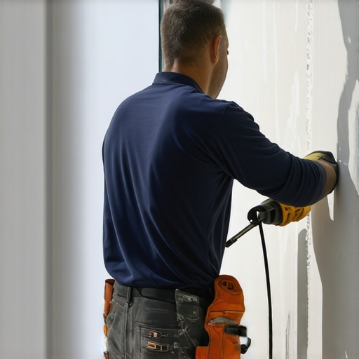Close-up of smooth drywall surface with finishing tools