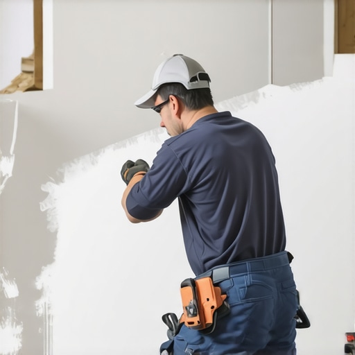 Drywall technician applying finishing techniques with advanced tools in a modern interior.