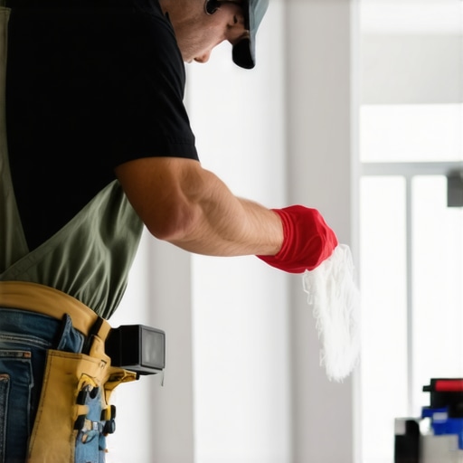Drywall installer smoothing drywall joint in a contemporary living room.