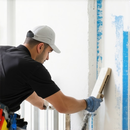 Drywall installer smoothing joint compound on wall in a new construction home