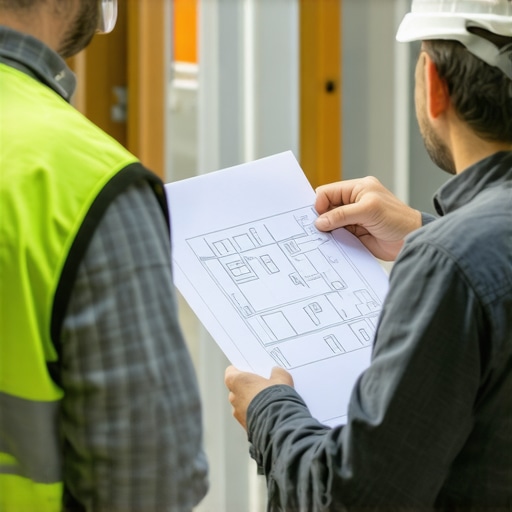 Contractor and inspector reviewing drywall permit documents at construction site