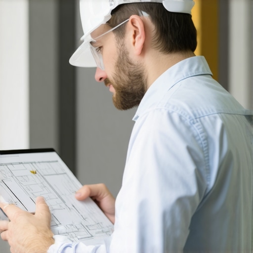 Contractor using digital permit platform to review drywall project plans at construction site