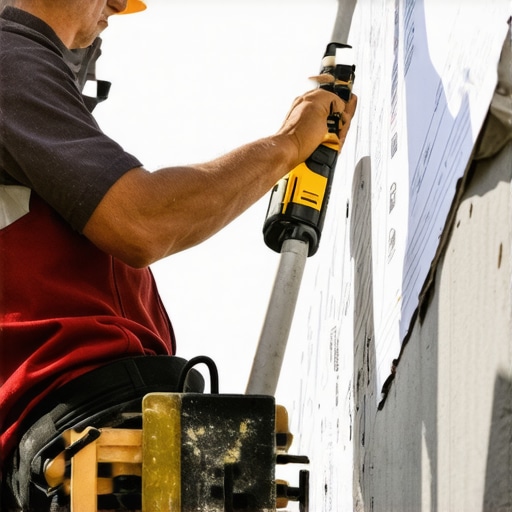 Builder using high-tech tools and digital plans for drywall installation.