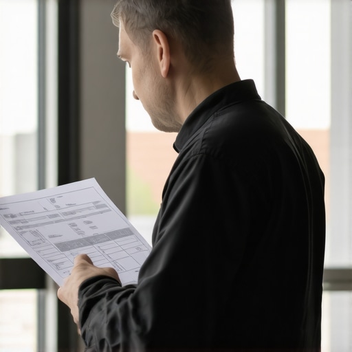 Construction manager examining permits and drywall blueprints on-site