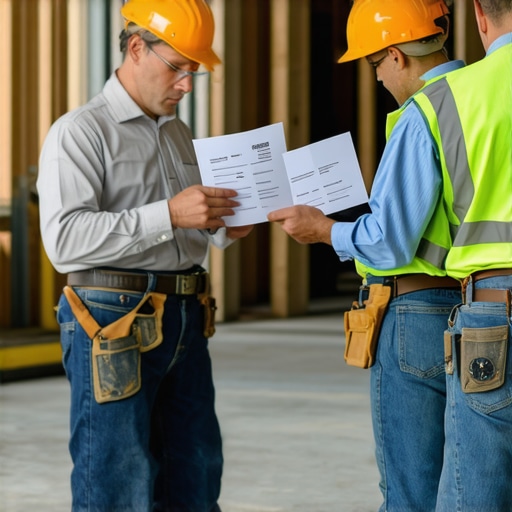 Workers reviewing permits and installing drywall at a construction site.