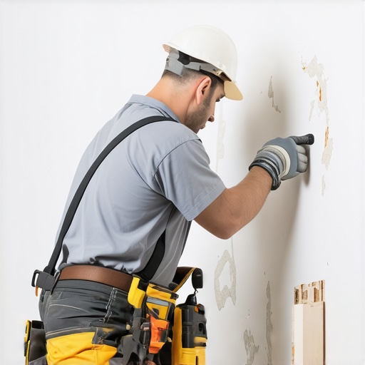 Professional worker installing drywall with proper tools and safety gear.