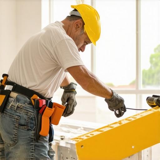 Worker measuring drywall sheets during renovation