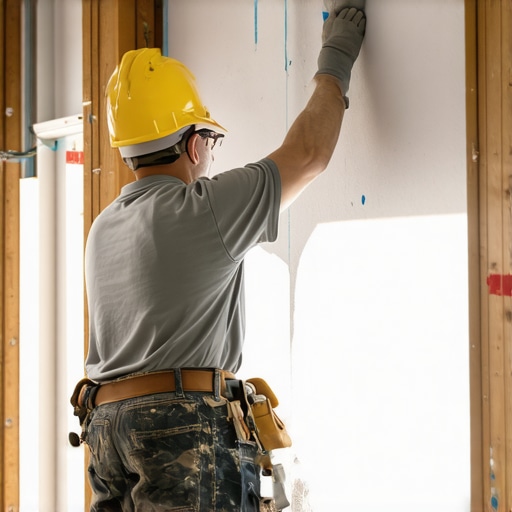 Worker installing drywall panels with proper screw spacing and alignment