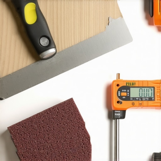 Professional drywall repair tools including taping knife and sanding sponge ready for maintenance