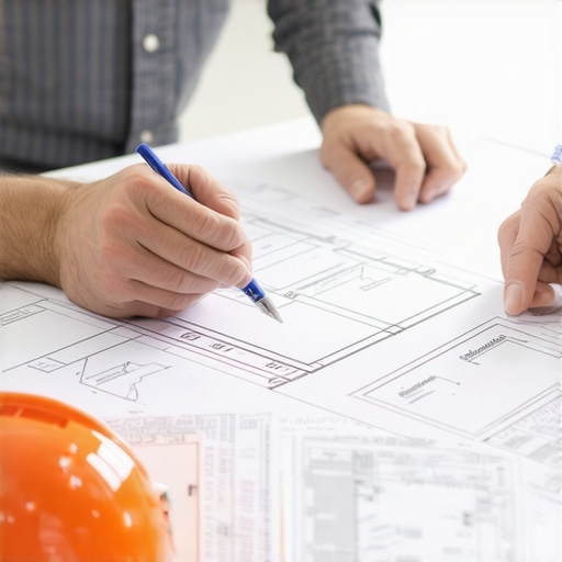Homeowner and contractor discussing building permits with blueprints on a table.