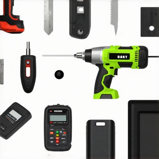 Drywall tools including screw gun, taping knife, laser meter, and moisture detector arranged on a workbench.