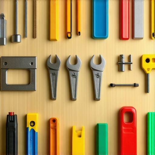 A well-organized workspace with drywall tools and a digital permit tracking system for home construction