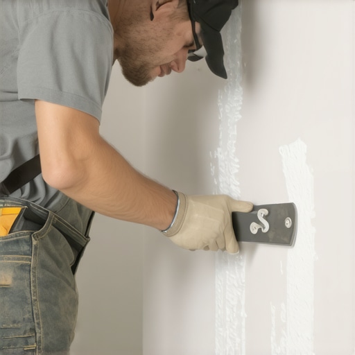 A worker smoothly applying joint compound over drywall seams with a wide taping knife.