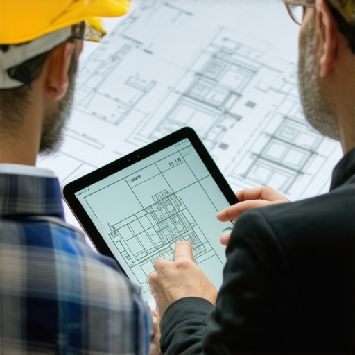 Architect analyzing permit plans on a tablet device during project planning.