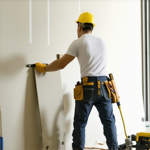 A worker measuring and attaching drywall panels to a ceiling with screws.