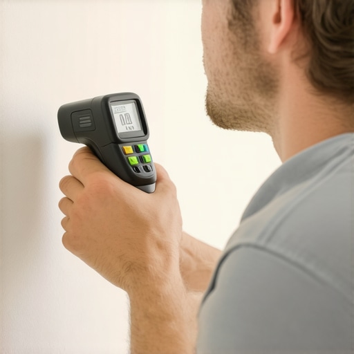 Homeowner checking drywall with moisture meter and infrared thermometer