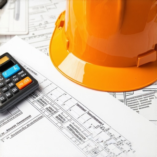 A busy construction permit office with plans, documents, and a laptop showing permit applications.