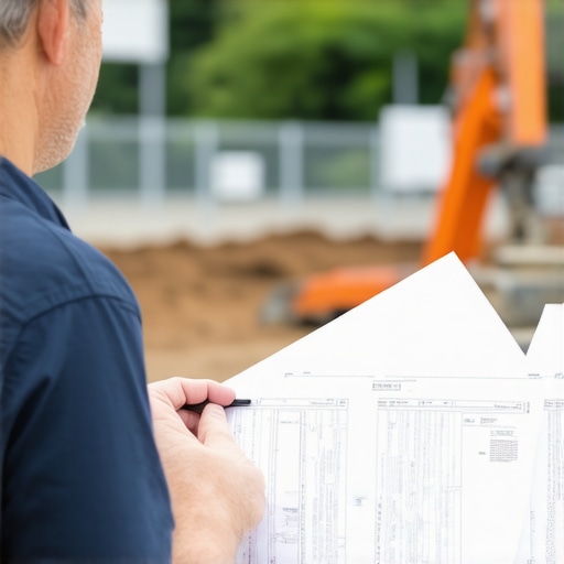 Contractor reviewing plans and permits on a construction site