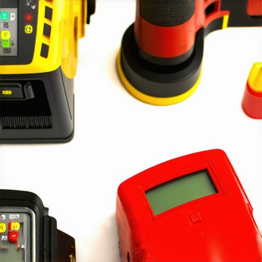 A set of high-quality drywall tools like laser level, power sander, and digital measuring devices ready for use in construction.