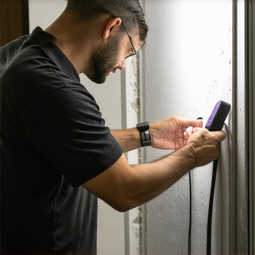 Homeowner using moisture meter on basement wall during moisture assessment.