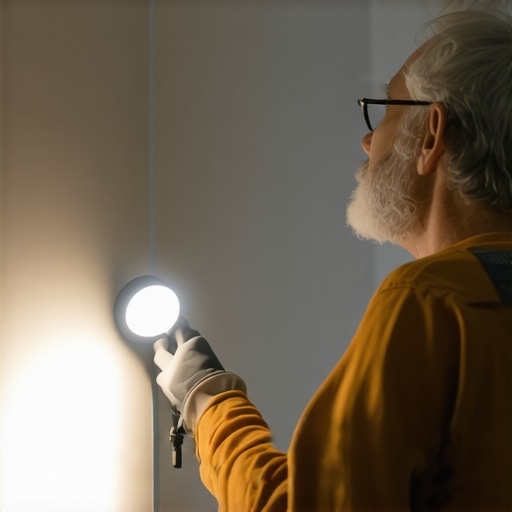Person inspecting drywall with a flashlight, emphasizing proactive maintenance techniques.