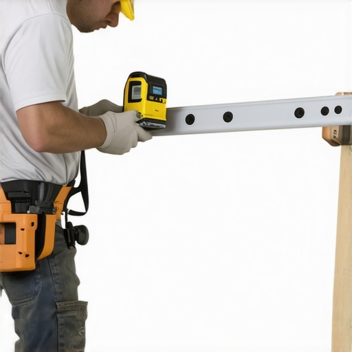 A worker using laser level and drywall lift during drywall installation at a construction site