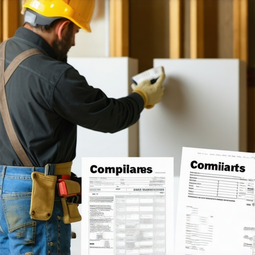 Contractor installing drywall during a home renovation, with visible permits on the wall.
