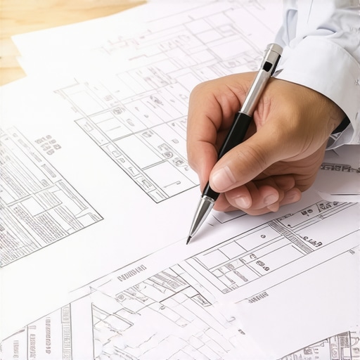 Contractor reviewing detailed permit application at desk with plans.