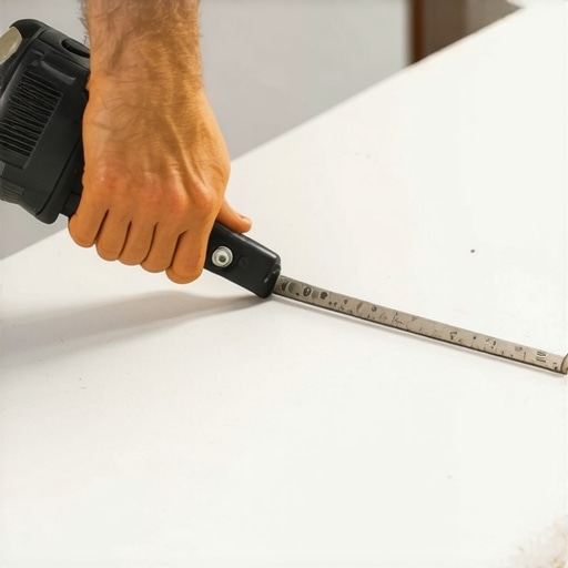 Person carefully making a drywall cut with a utility knife within a controlled workspace.