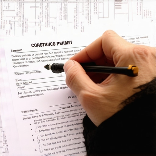 Person examining construction permit documents with blueprints.