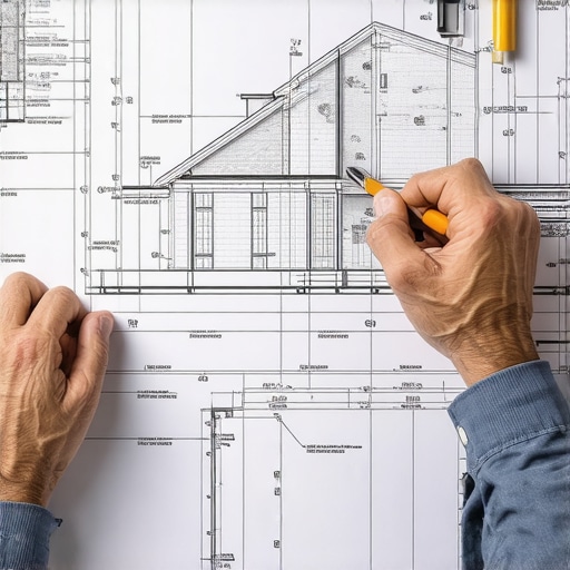 Detailed Construction Blueprint A builder reviewing a detailed construction blueprint with annotations for permit compliance