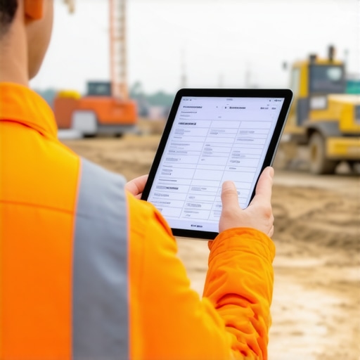 Illustration of permits being electronically reviewed on a tablet at a construction site