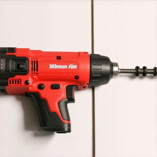 A close-up of a cordless screw gun being used to fasten drywall panels with controlled torque setting.