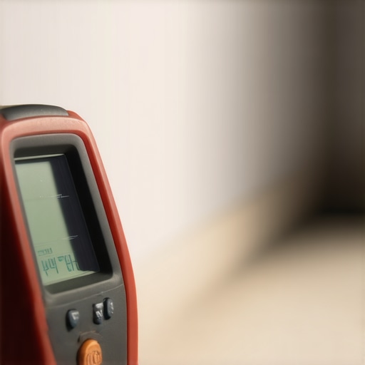 Technician using a moisture meter on drywall at a construction site.