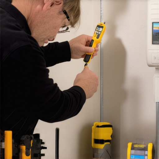 Person using a moisture meter on drywall in a basement setting