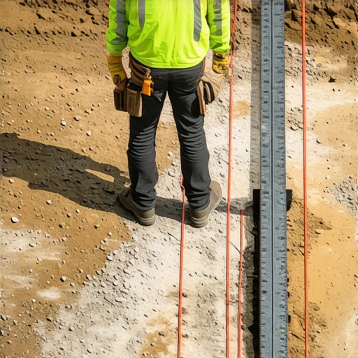 Builder assessing site grading with level and string line ensuring water flows away from foundation.