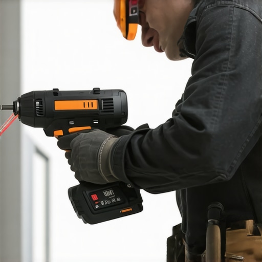 Worker operating a laser-guided drywall screw gun during drywall installation