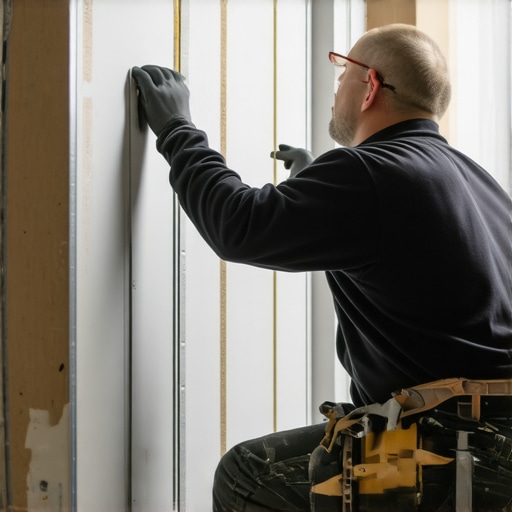 Technician sealing drywall joints with acoustic caulk and installing resilient channels to improve soundproofing in a remodeling project.