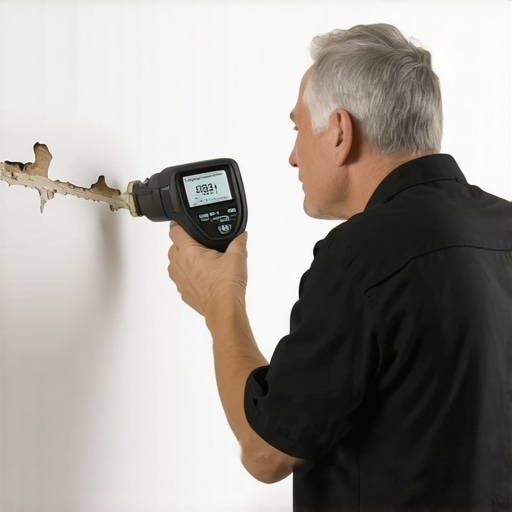 Person using moisture meter on drywall joint for maintenance