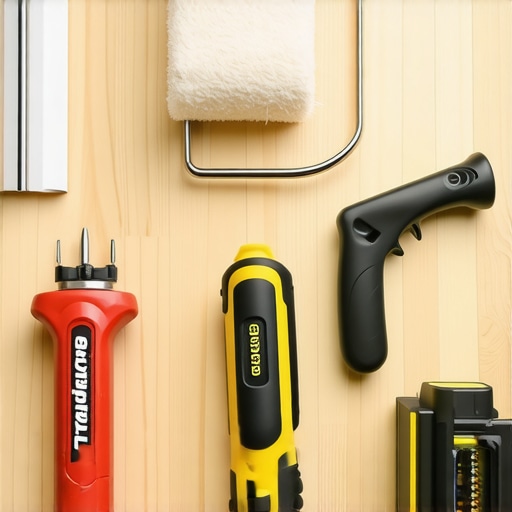 A collection of top-quality drywall installation tools laid out on a workbench.