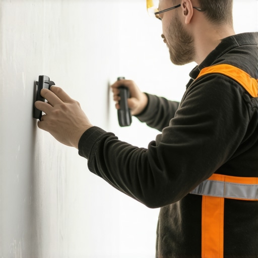 Drywall technician using digital moisture meter and laser level for inspection