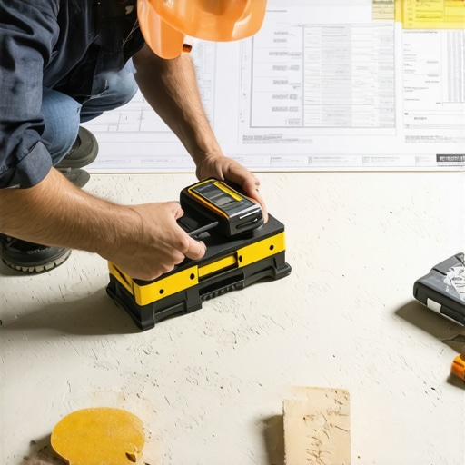 Contractor measuring drywall with a digital level amidst a construction site