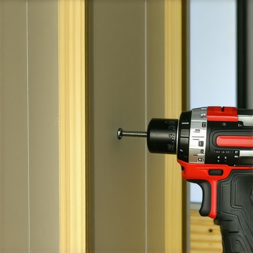 Close-up image of a drywall screw being carefully driven into a stud using a power drill.