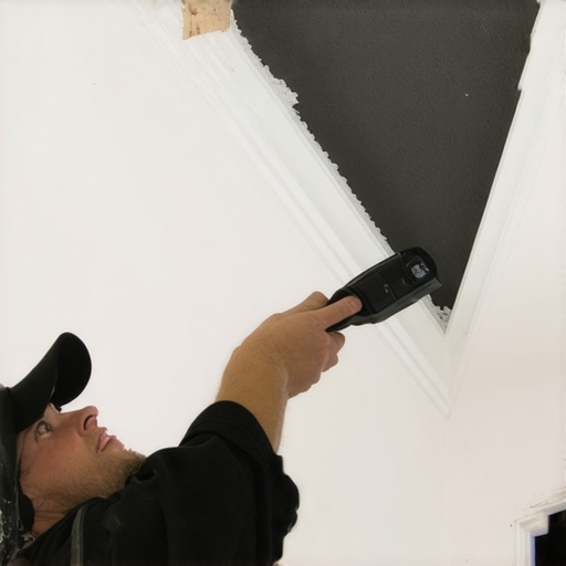 Worker inserting shims behind crown molding on textured drywall to ensure a seamless fit.